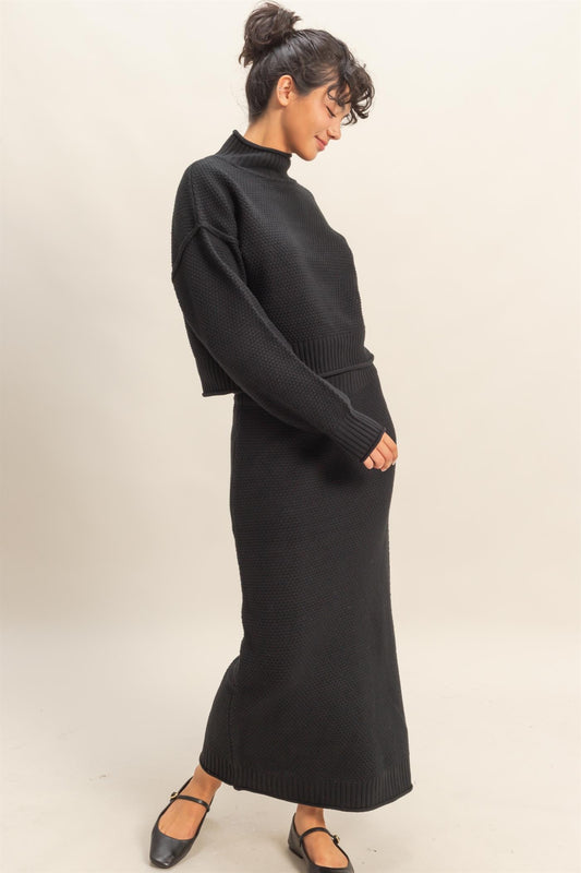 Textured High Neck Sweater & Skirt Set