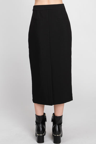 Solid Midi Skirt with Back Slits in Black