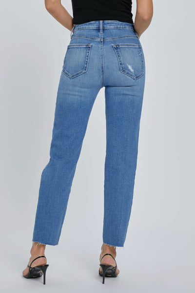 The Tracey High Rise Straight Denim in Medium Blue is designed for all-day comfort and style. These straight fit jeans have a high rise waist, an easy fit from hip to ankle, and a medium blue wash. The soft, stretchy fabric ensures a comfortable fit.