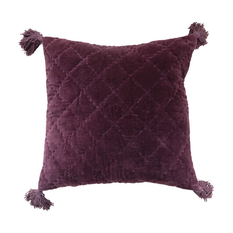 Quilted Cotton Velvet Pillow with Tassels in Plum