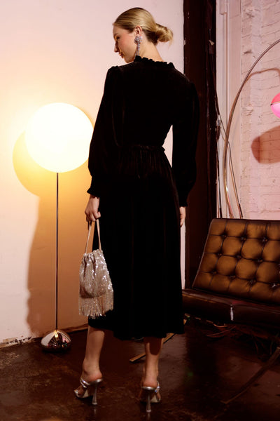 Velvet Smocked Ruffle Trim Dress in Black - Lulu Bella Boutique