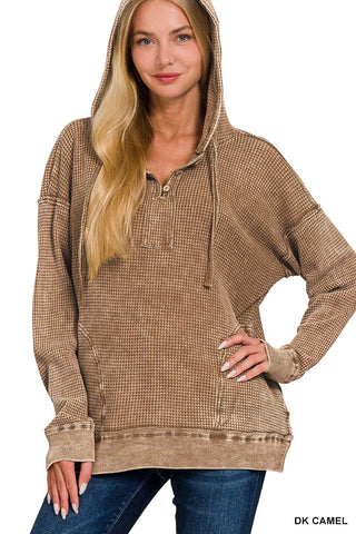 Washed Waffle Hooded Top in Dark Camel