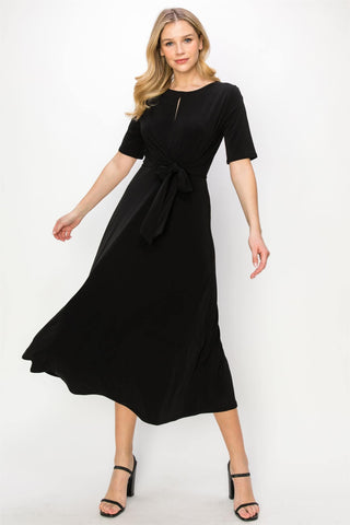 Wrap Knit Midi Dress with Tie in Black