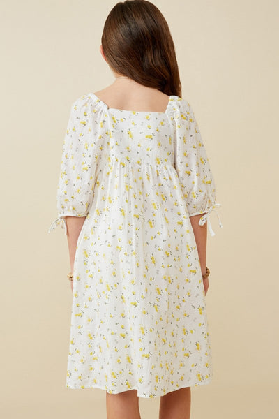 Girls Textured Ditsy Floral Square Neck Tie Dress - Lulu Bella Boutique