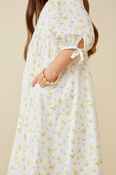 Girls Textured Ditsy Floral Square Neck Tie Dress