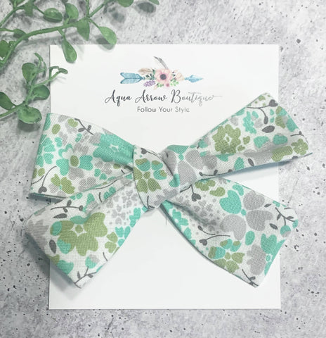 Hand Tied School Girl Bow - Green Floral