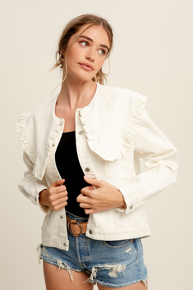 Jean jacket outlet with ruffle shoulders