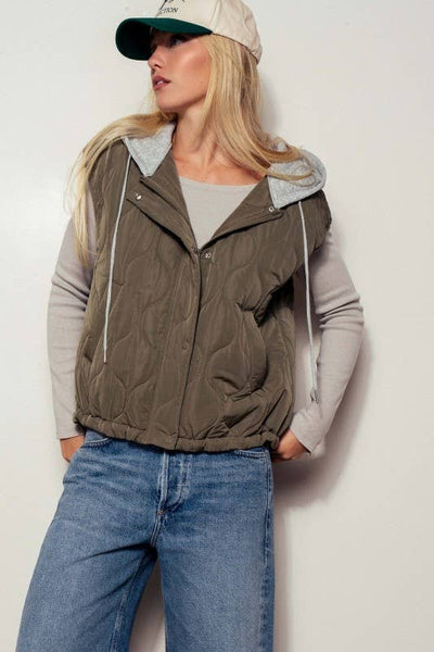 Quilted Western Hooded Vest : OLIVE