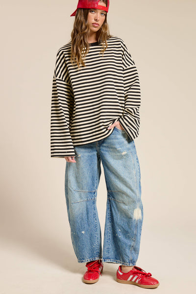 Striped Terry Oversized Long Sleeve Top: Black / S - Lulu Bella Boutique