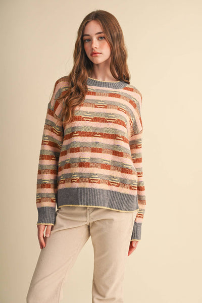 ABSTRACT GEOMETRIC KNIT PATTERN SWEATER: GREY PINK MULTI