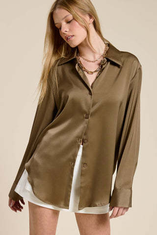 Silky Satin Button Down Blouse: Tobacco