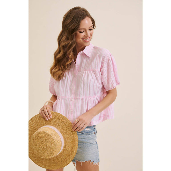 TEXTURED STRIPE OVERSIZED SHIRT WITH CONTRAST STITCHING: PINK / S - Lulu Bella Boutique