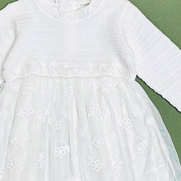 Milan White Floral Embroidered Tutu Knit Baby Dress Organic: Pure White