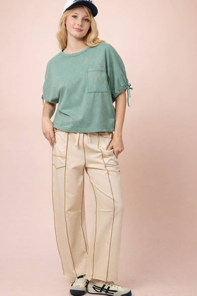 NT12567-Mineral Washed Sleeve Tie Detail Knit Top: SAGE / S-M-L/2-2-2 - Lulu Bella Boutique