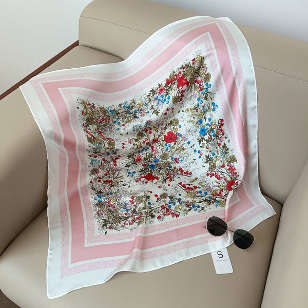 FLOWER SILKY BANDANA SQUARE NECK SCARF, DS 31165: GRY - Lulu Bella Boutique