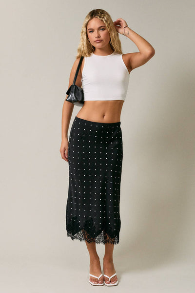 LACE TRIM BIAS CUT POLKA DOT MIDI SKIRT: BLACK-WHITE DOT / XS - Lulu Bella Boutique