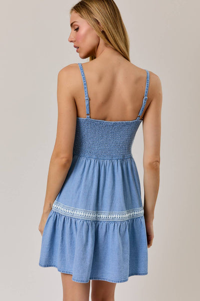 SLEEVELESS LACE INSERTED FIT & FLARE DENIM DRESS: DENIM / S - Lulu Bella Boutique