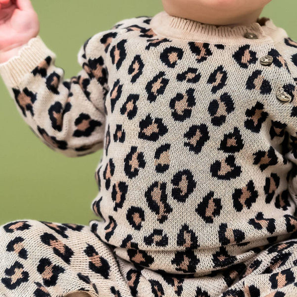 Leopard Jacquard Knit Baby Jumpsuit (Organic Cotton): Oatmeal Heather