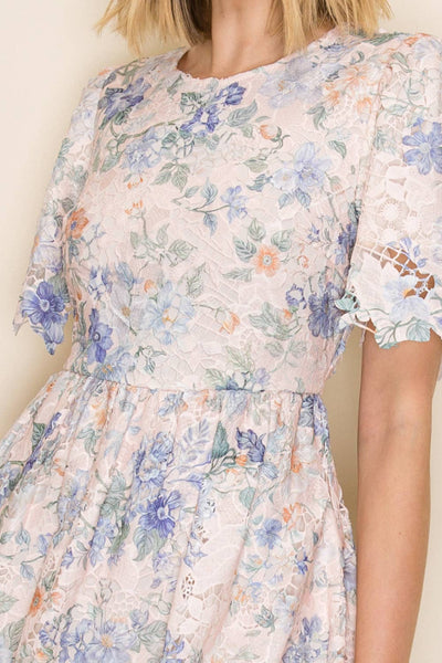 Floral Lace Midi Dress with Scalloped Hem: Multi / S - Lulu Bella Boutique