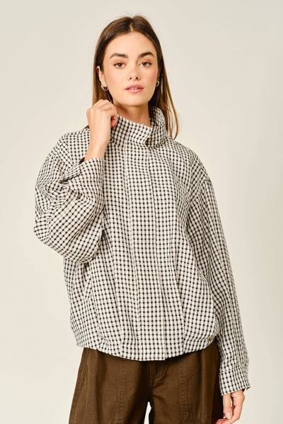 PLAID FUNNEL NECK BOMBER JACKET: ECRU/BLACK