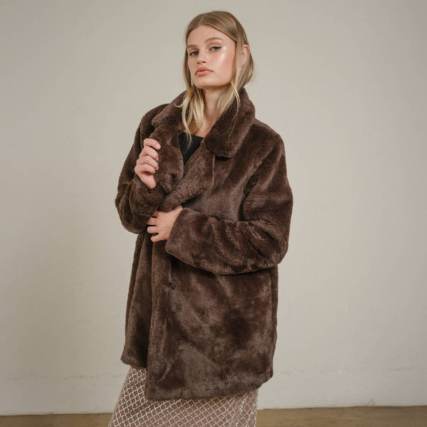 Chocolate Faux Fur Open Front Jacket: CHOCOLATE