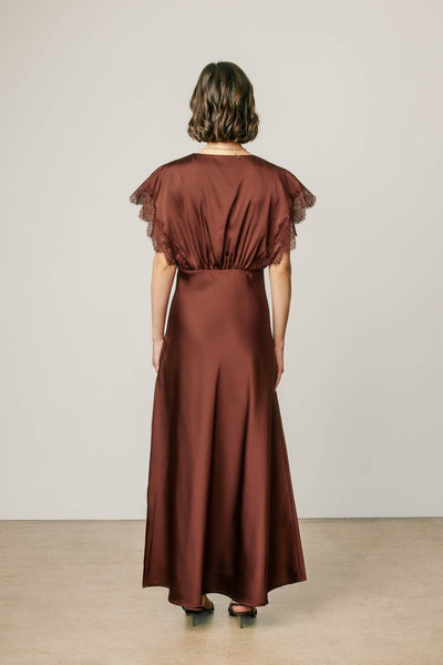 Lace Sleeve Satin Blouson Maxi Dress: RUM RAISIN