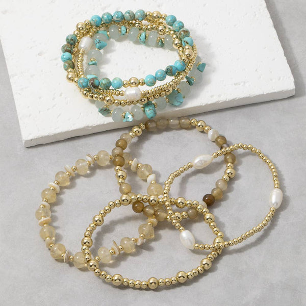 Agate Semi Precious Stone Gold Bead Bracelet Set