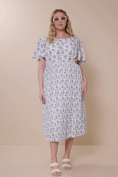 Womens Ditsy Floral Pleated Skirt Dress: Blue - Lulu Bella Boutique