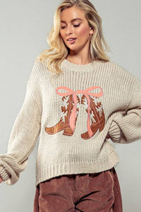 Cowboy Boots and Coquette Bow Sweater : TAUPE