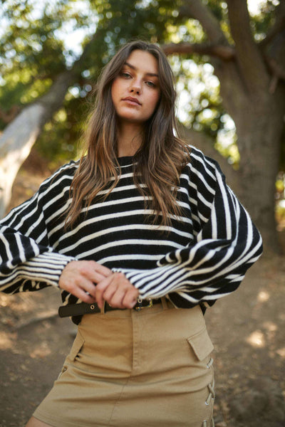 Stripe Puff Sleeve Sweater: Black/White / S