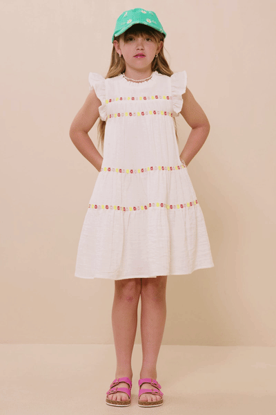 Girls Contrast Floral Lace Trim Ruffle Tank Dress: Off White / S - Lulu Bella Boutique