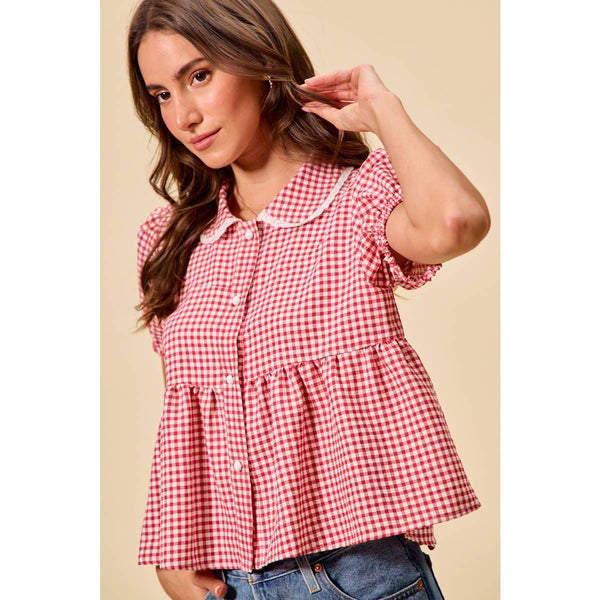 CHECK FRONT BUTTON SHORT PUFF SLEEVES BLOUSE TOP: RED CHECK / S - Lulu Bella Boutique
