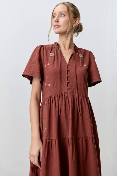 CROSS STITCH MAXI DRESS: BURGUNDY / S - Lulu Bella Boutique