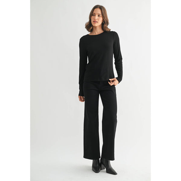 ROUND NECK LONG SLEEVE KNIT TOP: Black / S-M-L(2-2-2) - Lulu Bella Boutique
