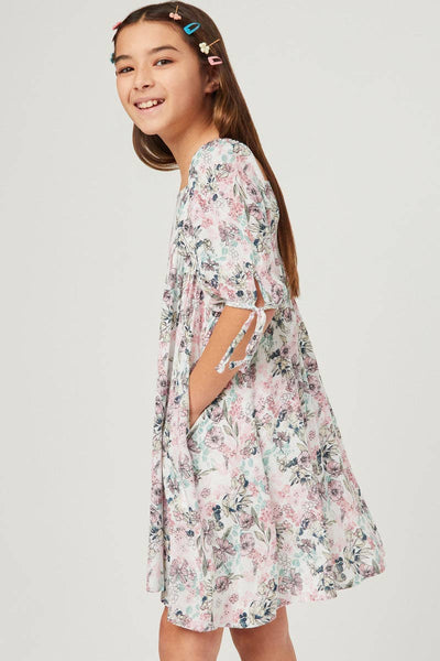 Girls Antique Floral Tie Sleeve Square Neck Dress: Pink