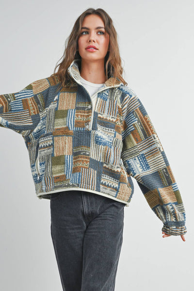 The Moss Patchwork Fleece Half Snap Top: BLUE MULTI