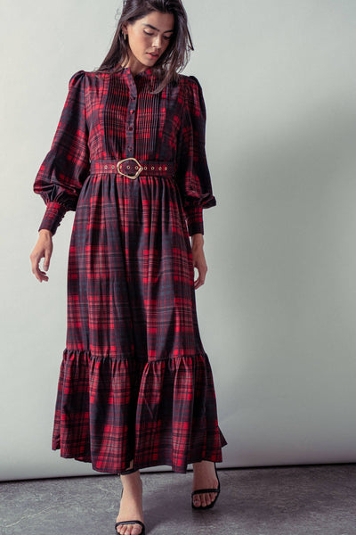 Plaid Belted Layered Button Down Balloon Sleeve Maxi Dress - Lulu Bella Boutique