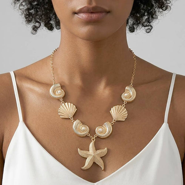 Textured Starfish Pendant Accent Pearl Center Shell Link Statement Necklace - Lulu Bella Boutique