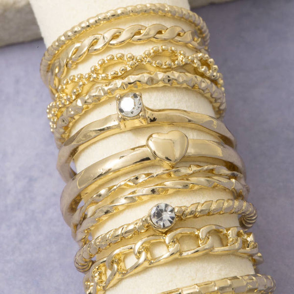 Crystal Heart And Cluster Stacking Ring Set