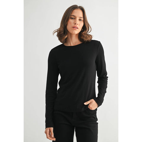ROUND NECK LONG SLEEVE KNIT TOP: Black / S-M-L(2-2-2) - Lulu Bella Boutique