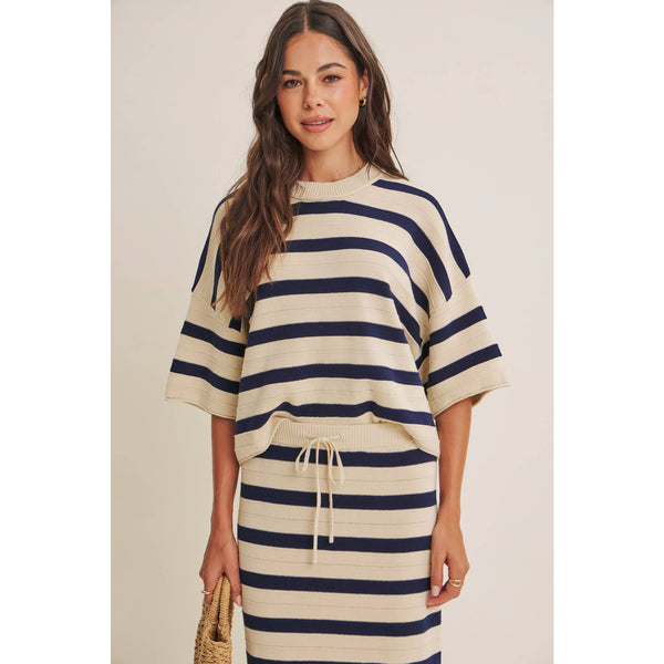 WEEKEND IN CANNES SOFT DRAPE COTTON STRIPE SET: NATURAL/NAVY