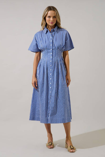 Barklin Stripe Wilderra Pleated Midi Dress: NavyWhite / XS - Lulu Bella Boutique