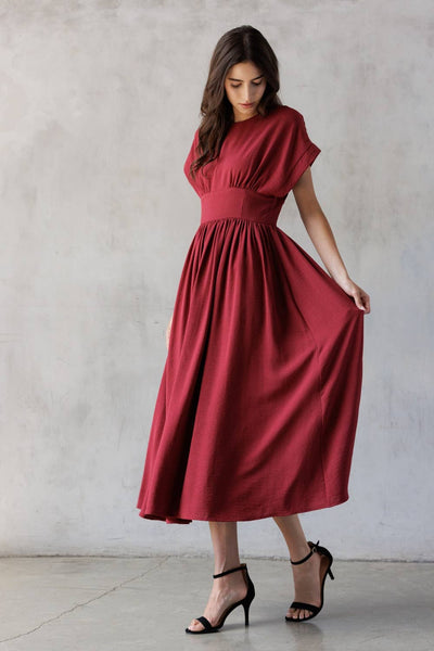 HD2706-1-ELEGANT MIDI DRESS: WINE RED / S - Lulu Bella Boutique
