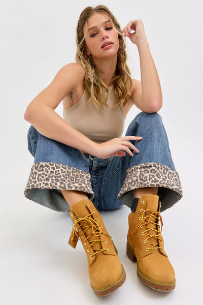 Mid Rise Wide Leg with Leopard Cuff