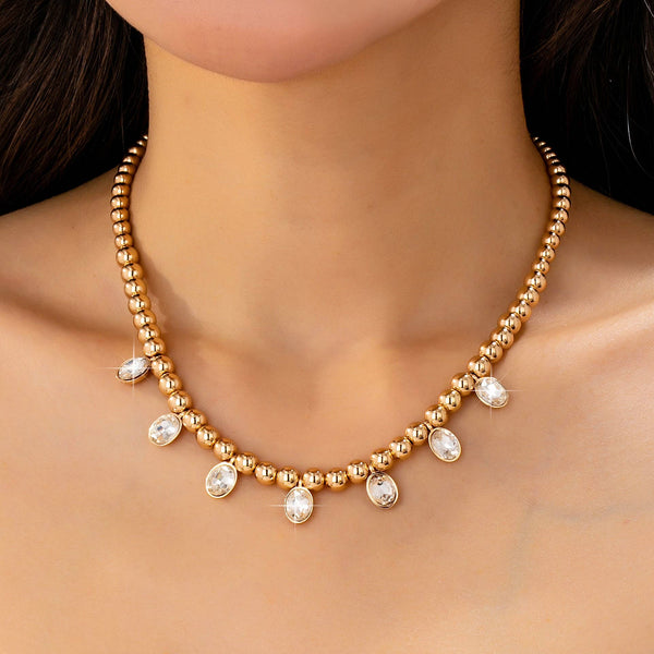 Oval Stone Beaded Ball Chain necklace: GOLD