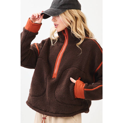 HALF ZIP CONTRAST DETAIL FLEECE SWEATSHIRT: BROWN / S-M-L(2-2-2) - Lulu Bella Boutique