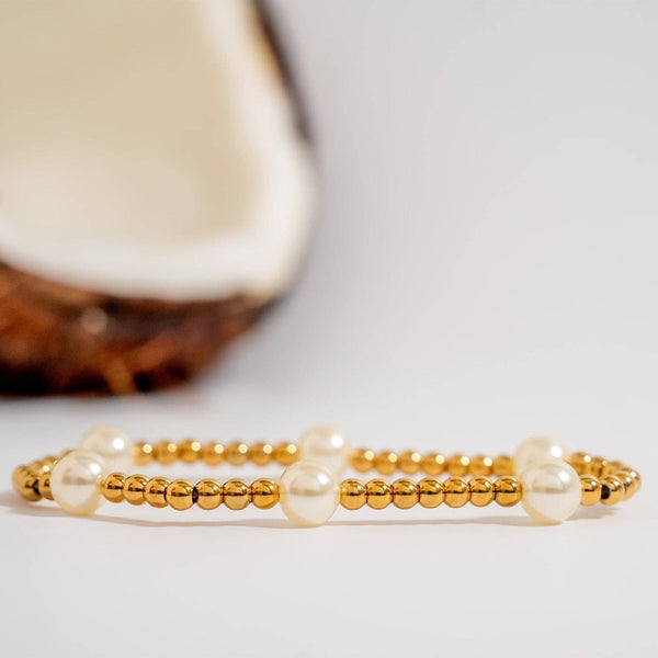 18K Gold PVD 8mm Kiska Glass Pearl Stretch Bracelet: Gold