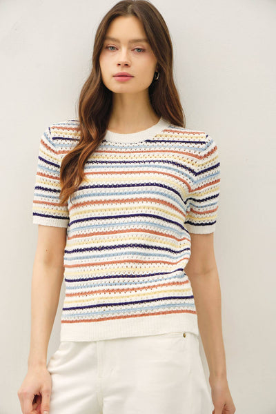 MULTI COLOR STRIPE SHORT SLEEVE TEXTURED SWEATER  : DENIM / S - Lulu Bella Boutique