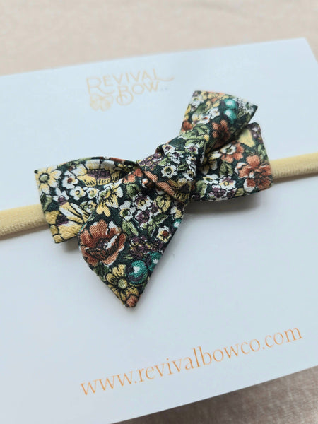 Mini Bow on Headband • Deep Green Floral