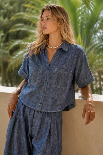 Linen Pocket Camp Shirt: DENIM